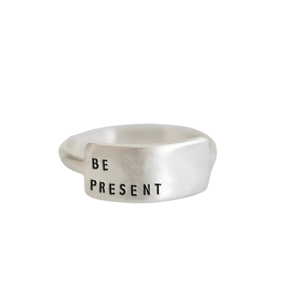 Women’s Stackable Rings-Be Present: Inspirational Handstamped Ring