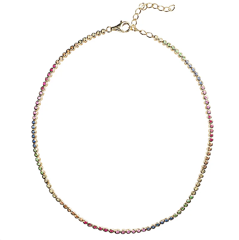 Adjustable Pearl Necklace-Rainbow Sapphire Bezel Tennis Necklace