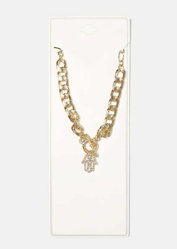 Bold Crystal Necklace-Hamsa Hand Chain Link Necklace