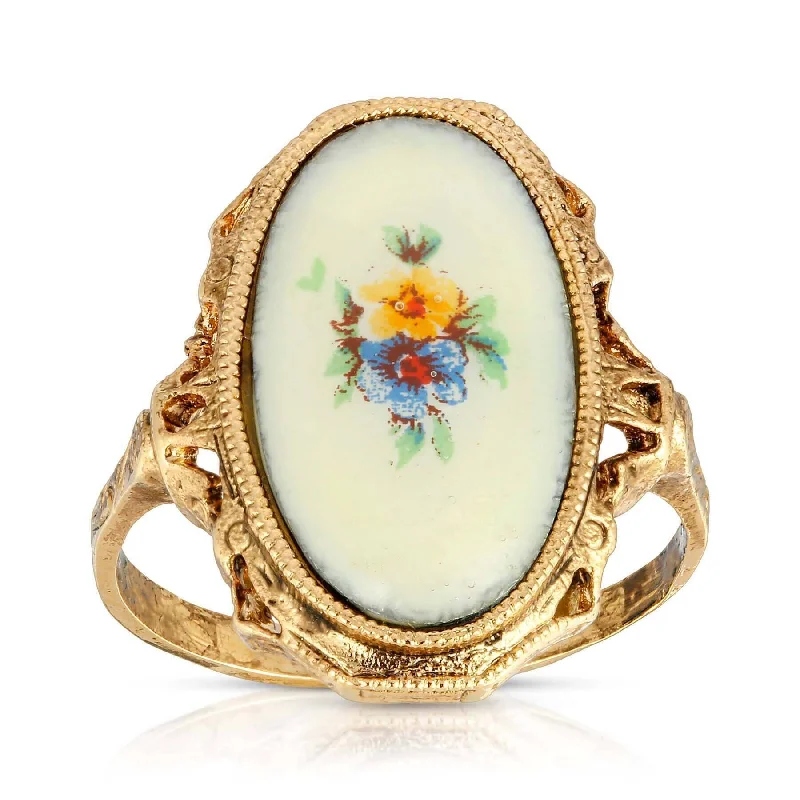 Adjustable Silver Ring-1928 Jewelry Ivory Enamel Blue & Yellow Flower Ring