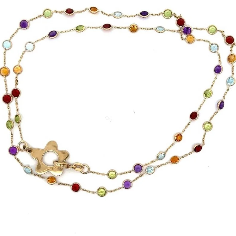 Contemporary Necklace for Women-Rainbow Gemstone Station Chain Necklace with Wildflower Clasp