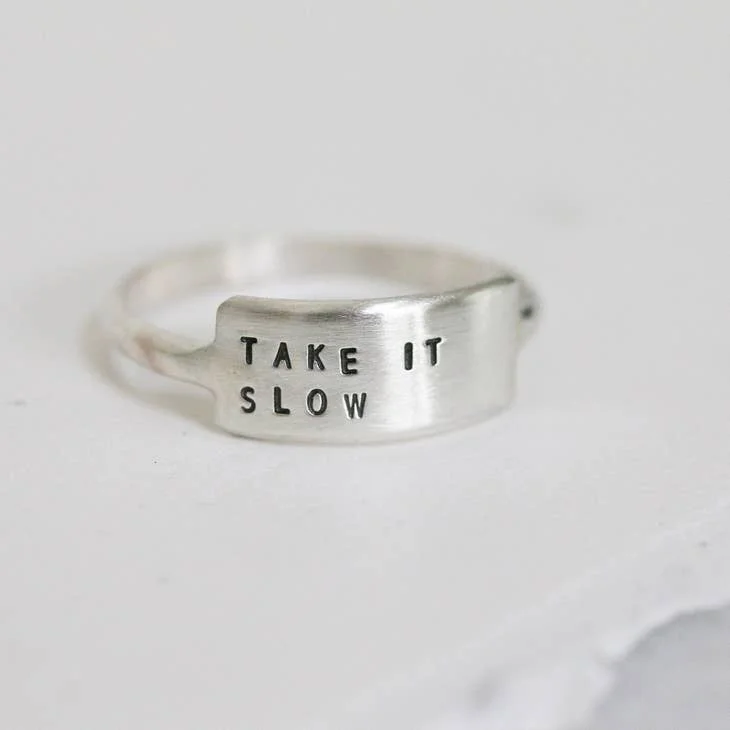 Gold Ring with Diamonds-Inspirational Hand Stamped Ring: TAKE IT SLOW