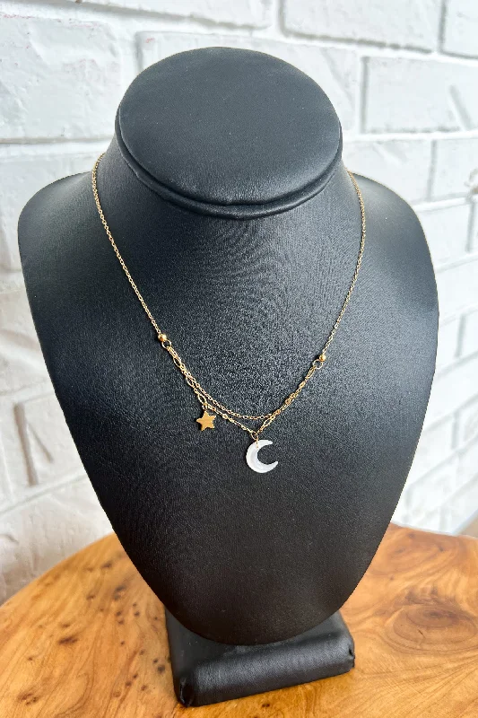 Luxury Silver Necklace-18K Moon and Stars Necklace