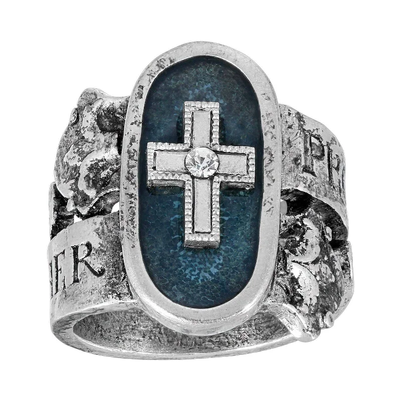 Wedding Ring with Diamonds-Symbols Of Faith Blue Enamel Cross & Crystal "Protect Us Holy Mother" Ring