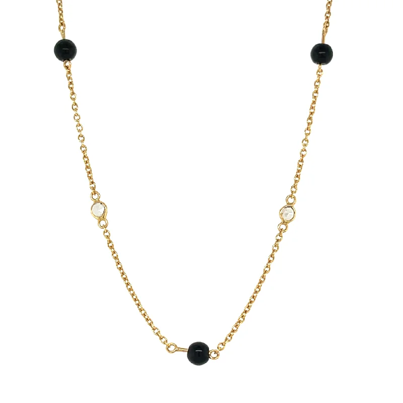 Classic Pearl Necklace-Black Onyx and Diamond Station Chain