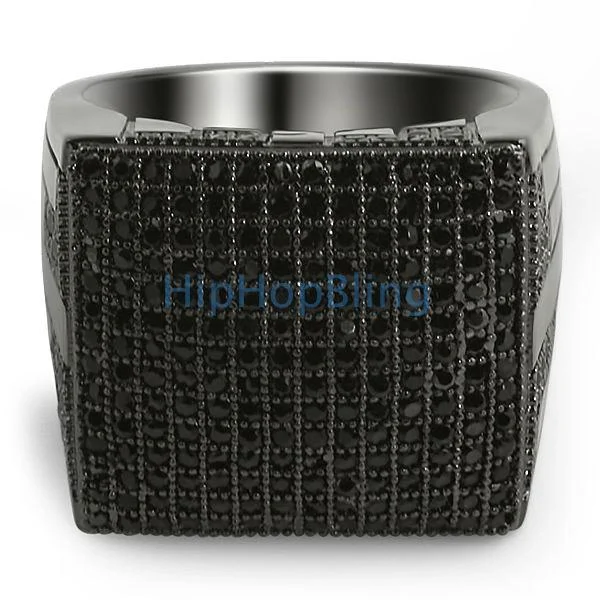 Unique Sterling Silver Ring-XL Mega Icey Black CZ Micro Pave Bling Bling Ring