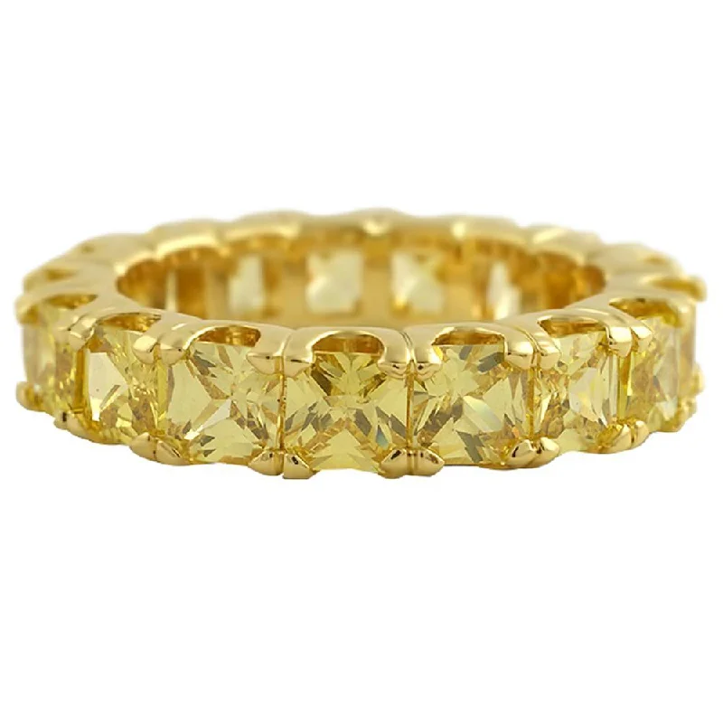 Men's Wedding Ring-Canary Princess Cut CZ Eternity Gold Bling Bling Ring