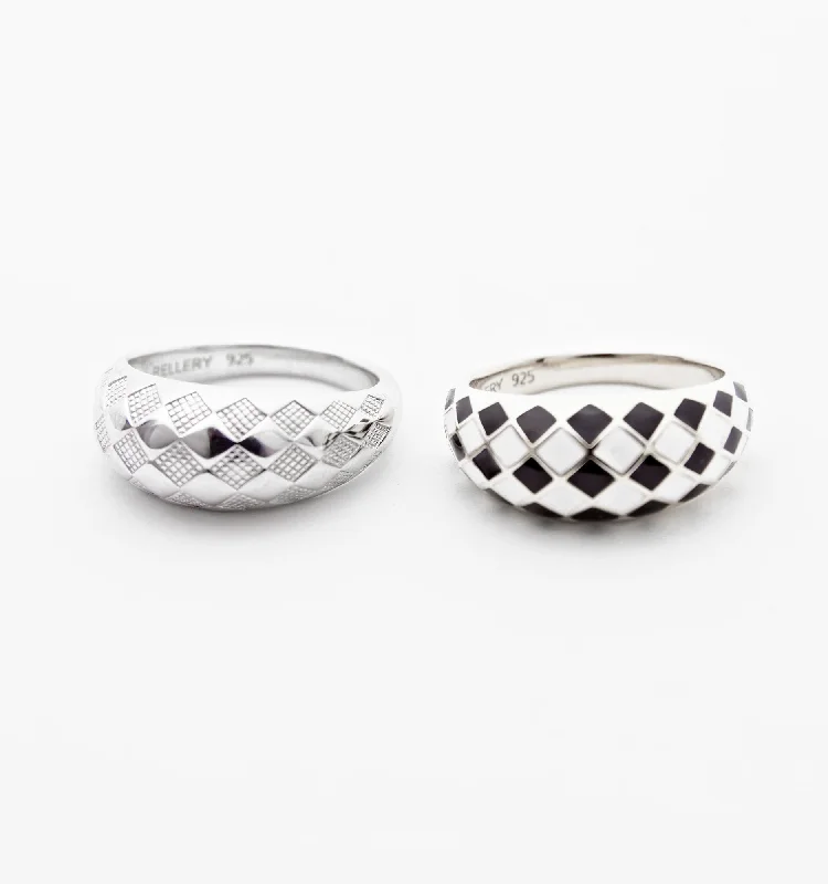 Oval Diamond Ring-Silver Checker Rings - Set of 2