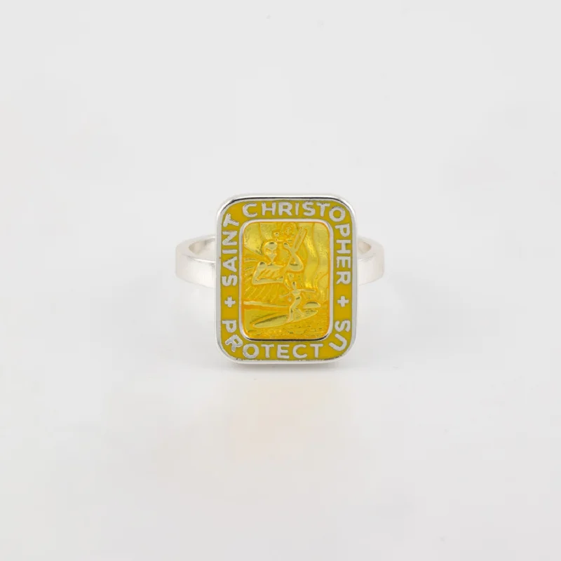 Wedding Ring with Sapphire Stones-St. Christopher Rectangle Ring - Yellow / Yellow