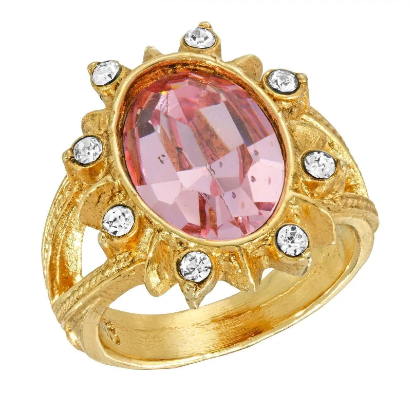 Men's Stainless Steel Ring-1928 Jewelry Sunburst Oval Light Pink Austrian Crystal Ring