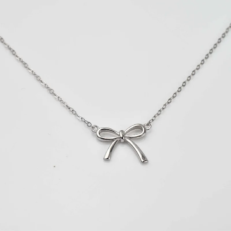 Handcrafted Silver Necklace-Sweet Diamond Bow Ribbon Necklace