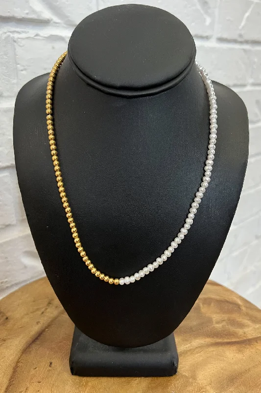 Bar Pendant Necklace-18K Pearl Embellished Gold Necklace