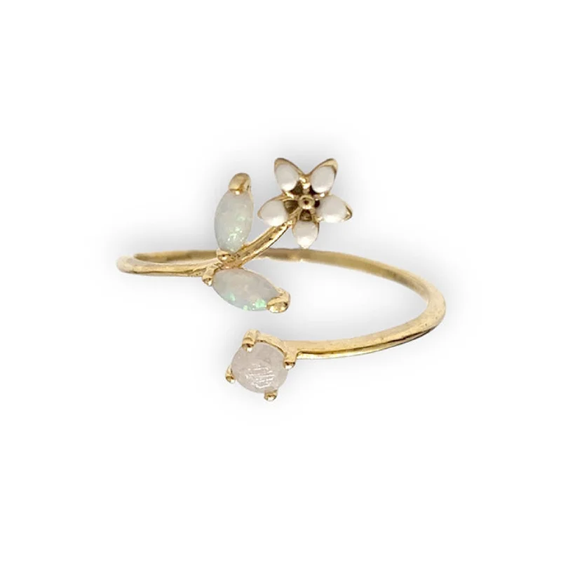 Gold Wedding Ring with Diamonds-Flora Adjustable Crystal + Enamel Gold Ring