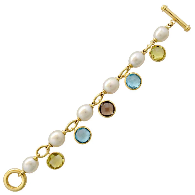 Vintage Charm Bracelet-Toggle Bracelet-Smokey Quartz, Blue Topaz, Lemon Quartz and Pearl