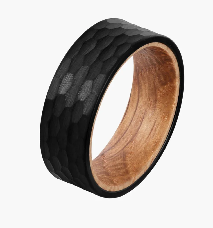 Elegant Wedding Ring Set-Hammered Black and Wood Men's Wedding Ring