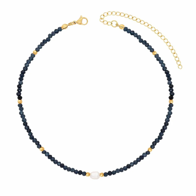 Dainty Gold Necklace-Navy Pearl Choker