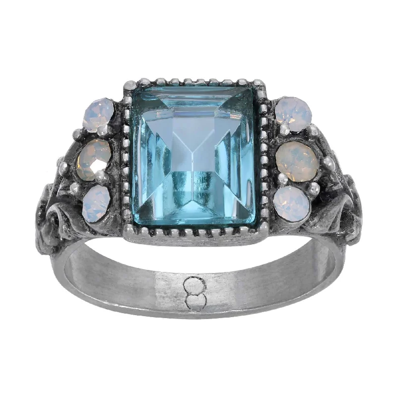 Sterling Silver Ring for Women-1928 Jewelry Aquamarine Crystal Rectangular Blue Crystal Opal Stone Ring Size 8