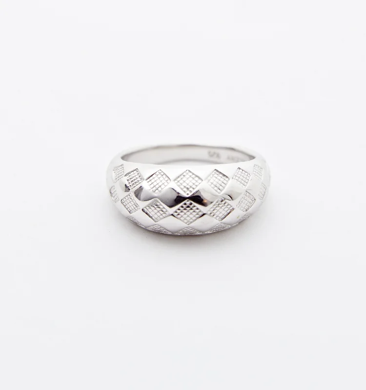 Classic Solitaire Ring-Silver Checker Dome Ring