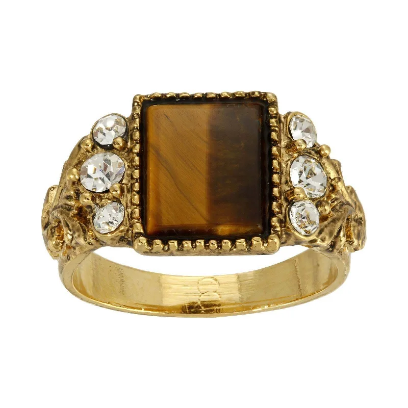 Classic Gold Wedding Ring-1928 Jewelry Tigers Eye Gemstone Crystal Accent Ring