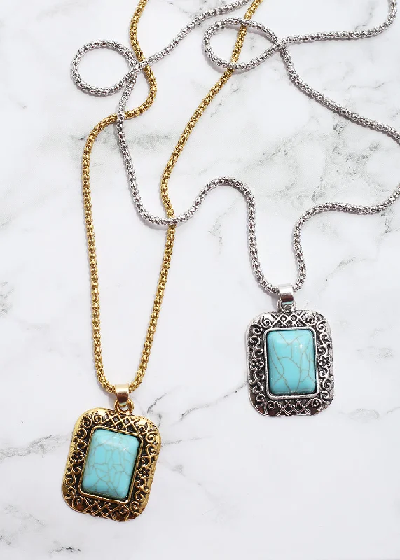 Classic Chain Necklace-Turquoise Square Stone Necklace