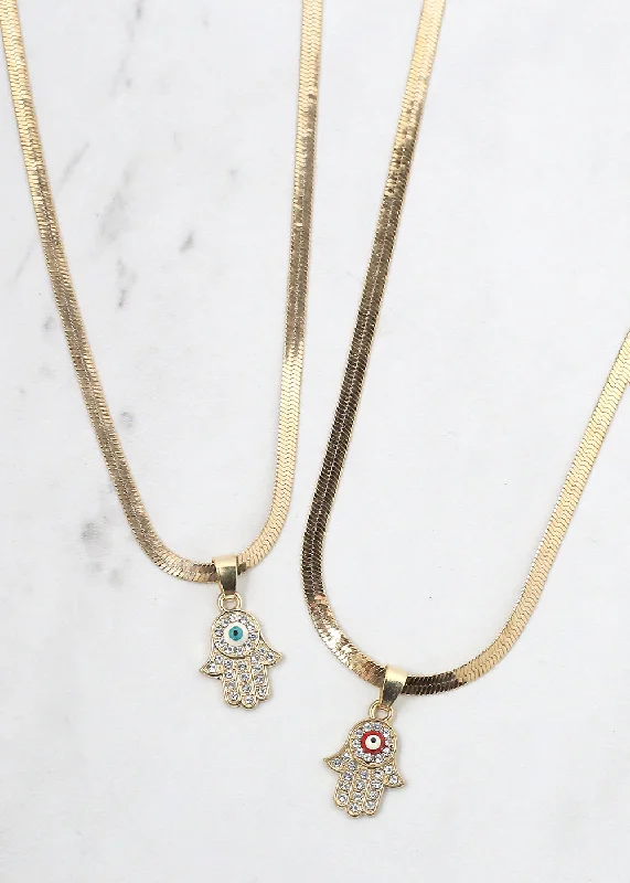 Bar Pendant Necklace-Hamsa Hand Flat Necklace