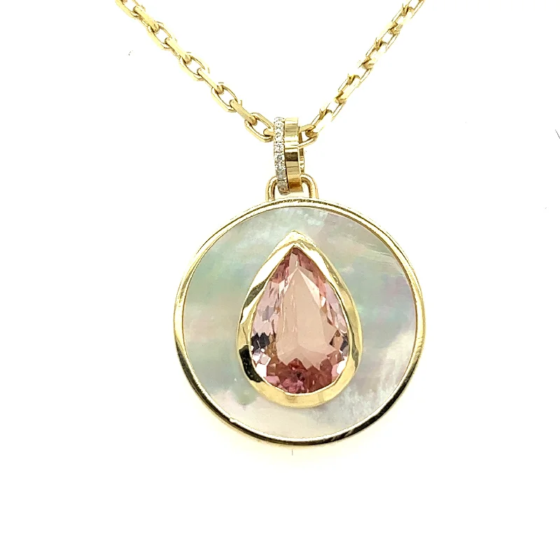 Bold Crystal Necklace-Bejeweled Mother of Pearl + Pink Tourmaline Necklace