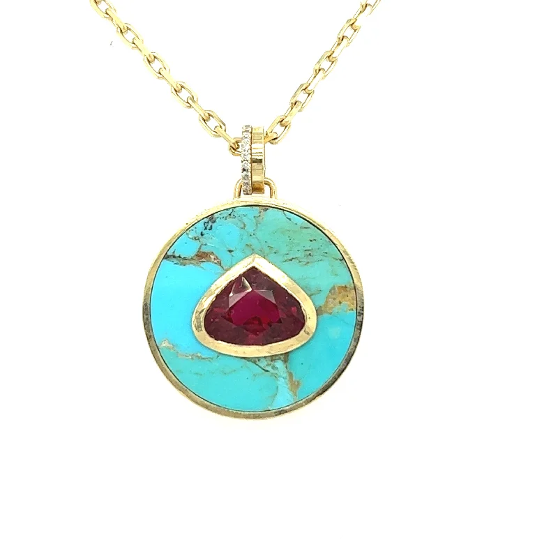 Modern Pendant Necklace-Bejeweled Turquoise + Ruby Necklace