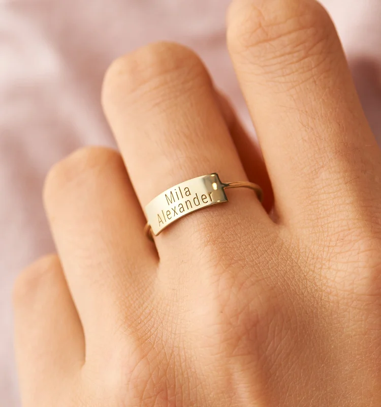 Silver Solitaire Ring-Large Personalized Bar Ring