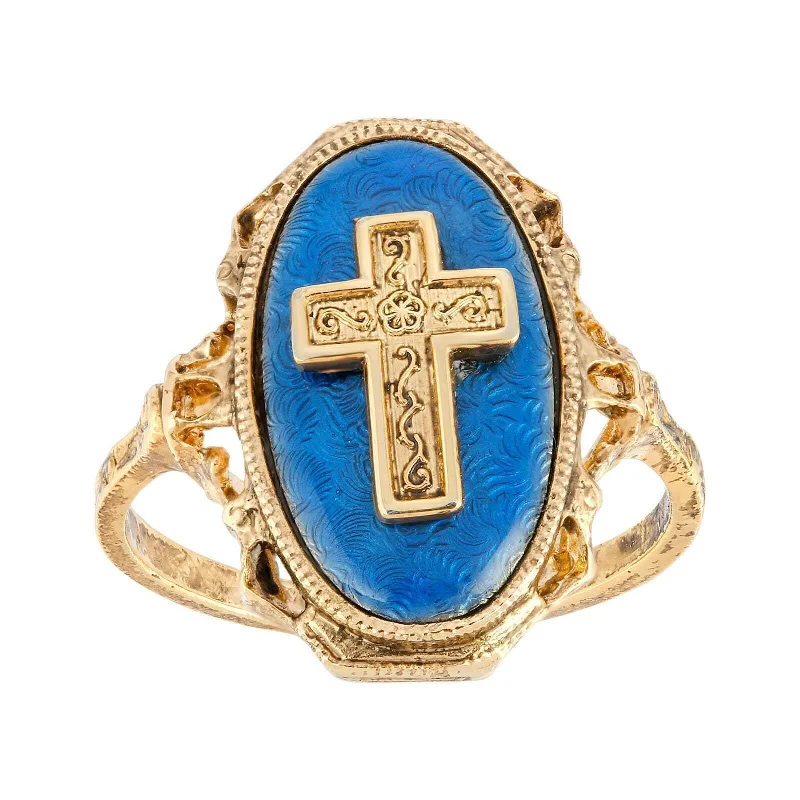 Modern Diamond Ring-Symbols Of Faith Sapphire Blue Enamel Oval Cross Ring