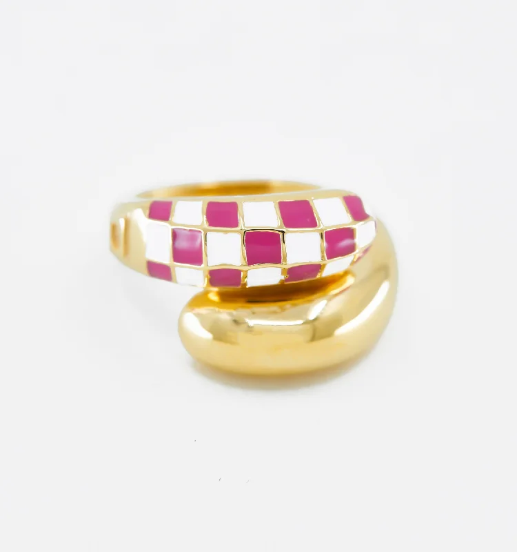 Custom Titanium Ring-Wrap Checker Ring - Pink And White