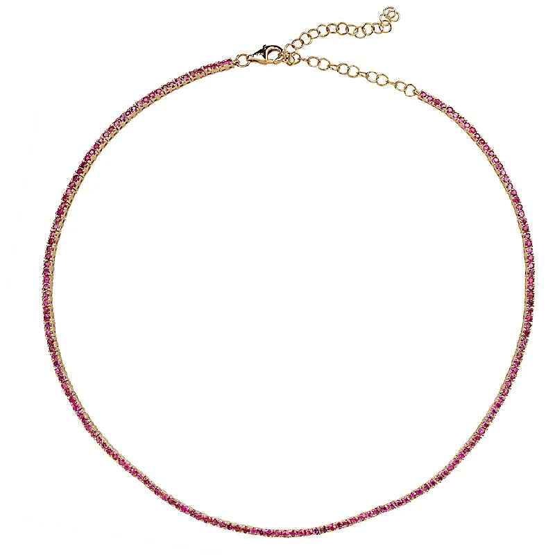 Thin Silver Necklace-Hot Pink Sapphire Small Tennis Necklace