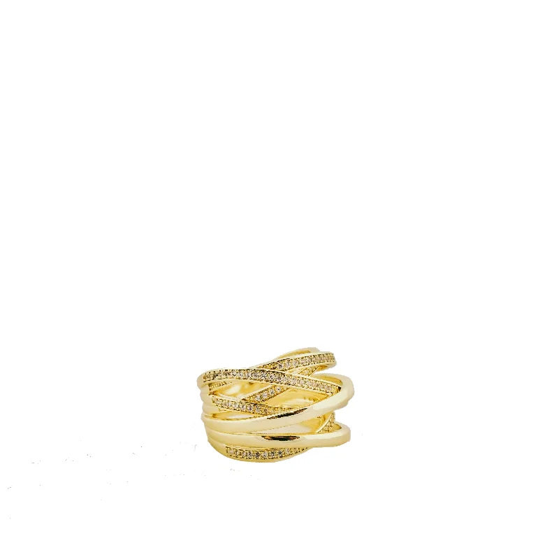 Modern Diamond Ring-gold plated thin criss cross CZ ring