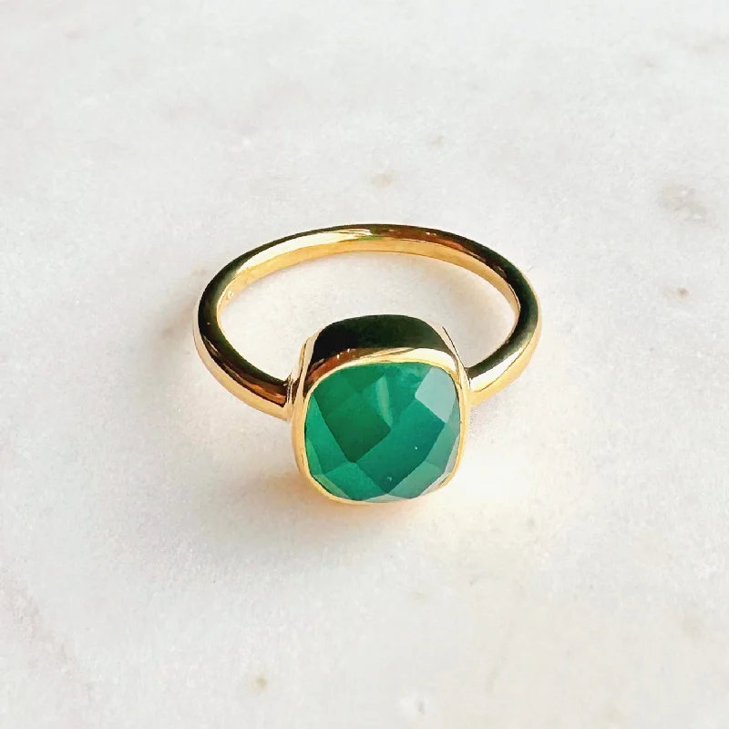 Engagement Ring with Emerald-Faceted Square Semi-Precious Stone Vermeil Ring