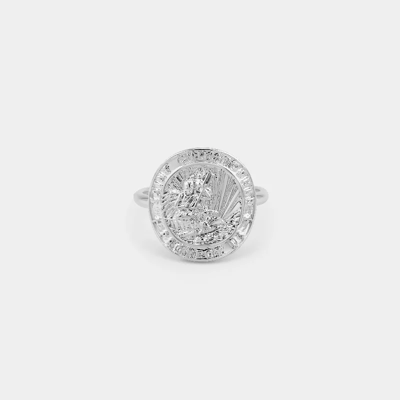 Women’s Designer Engagement Ring-Silver St. Christopher Medallion Ring