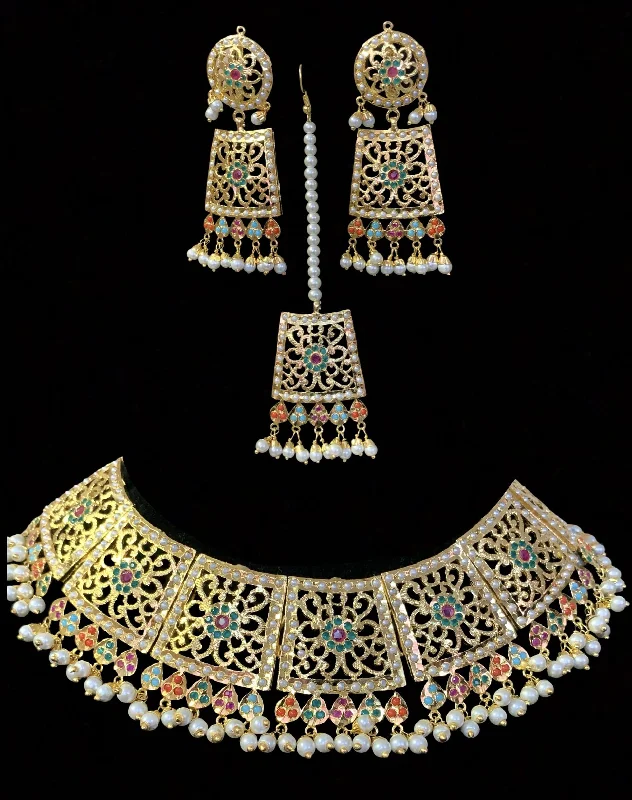 Handmade Pendant Necklace-Safira necklace set with tika Navratan  ( READY TO SHIP)