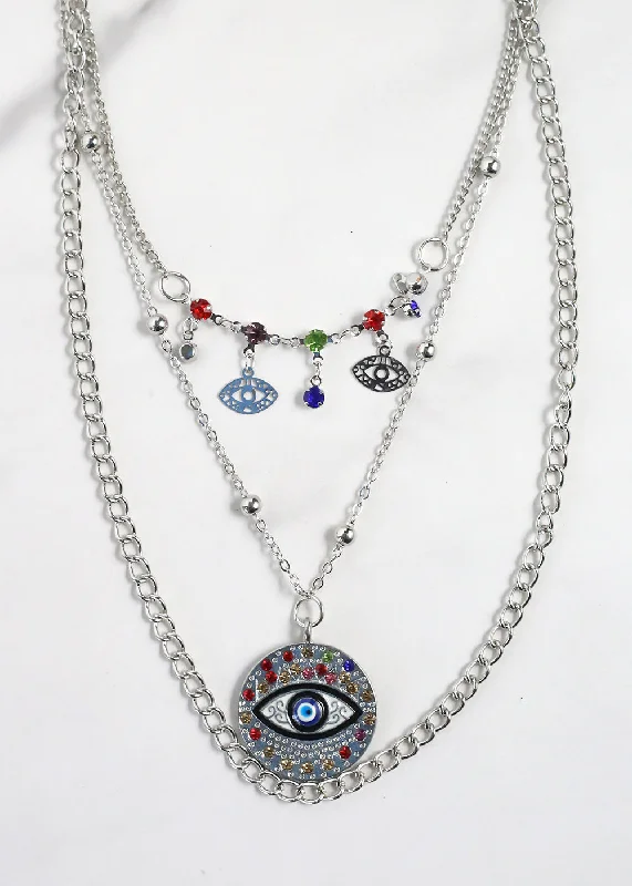 Gemstone Pendant Necklace for Women-Evil Eye 3-Layered Necklace