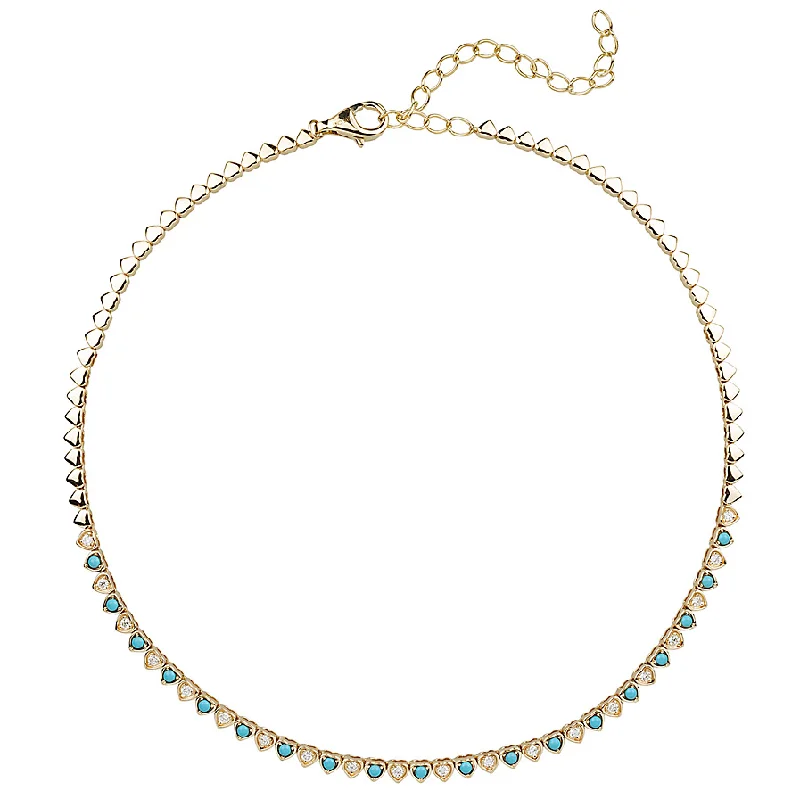 Fashion Jewelry Necklace-Diamond & Turquoise Heart Tennis Necklace