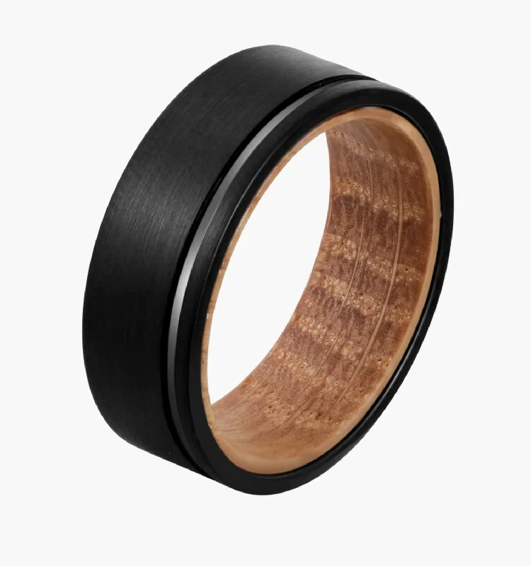 Handmade Gold Ring-Black with Line and Wood Men's Wedding Ring