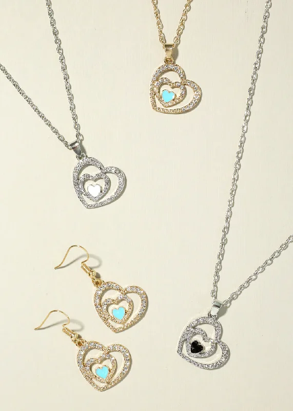 Multicolor Pendant Necklace-Double Heart Necklace with Earrings