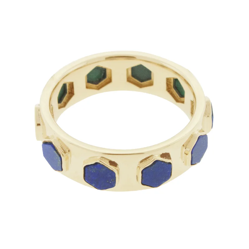 Simple Solitaire Engagement Ring-Malachite & Lapis Hexagon Lego Ring