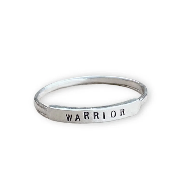 Elegant Silver Engagement Ring-Warrior: Hand Stamped Message Stacking Ring