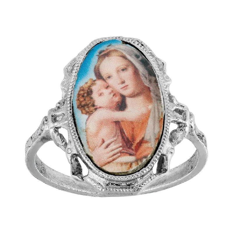 Custom Birthstone Ring for Mom-Symbols Of Faith Oval Mary and Child Decal Ring